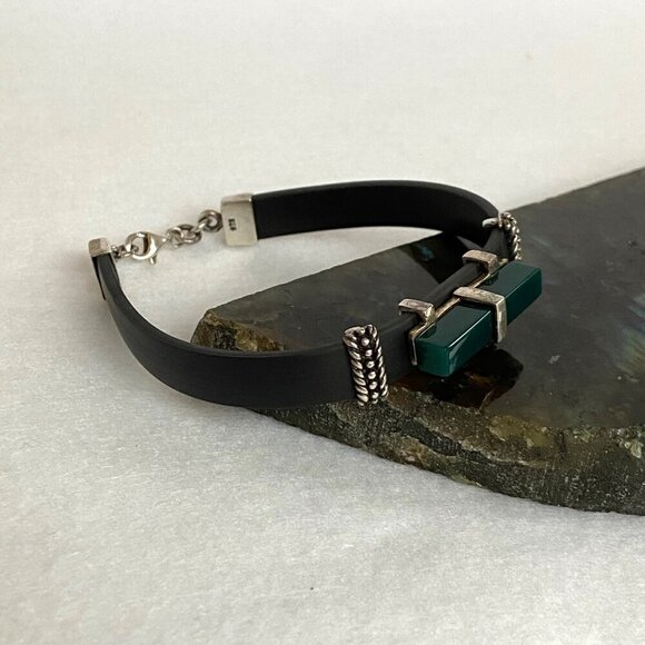 Sterling Silver 925 Rectangular Green Acrylic Black Banded Bracelet 7.5" - Picture 5 of 16